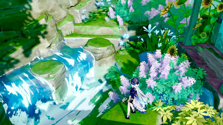 vibrant and stylized image from the video game genshin impact. the image depicts a female animestyle character standing near a small waterfall in a lush, colorful landscape filled with various flowers including lilacs and sunflowers. the scene is bright and sunny, with a mix of greens and blues dominating the color palette. the style is clearly fantasythemed, with a strong emphasis on vibrant color and detail. the character appears to be observing the scene, adding a sense of tranquility. the rocks and waterfall have a stylized, almost painterly look, creating a whimsical and captivating scene.