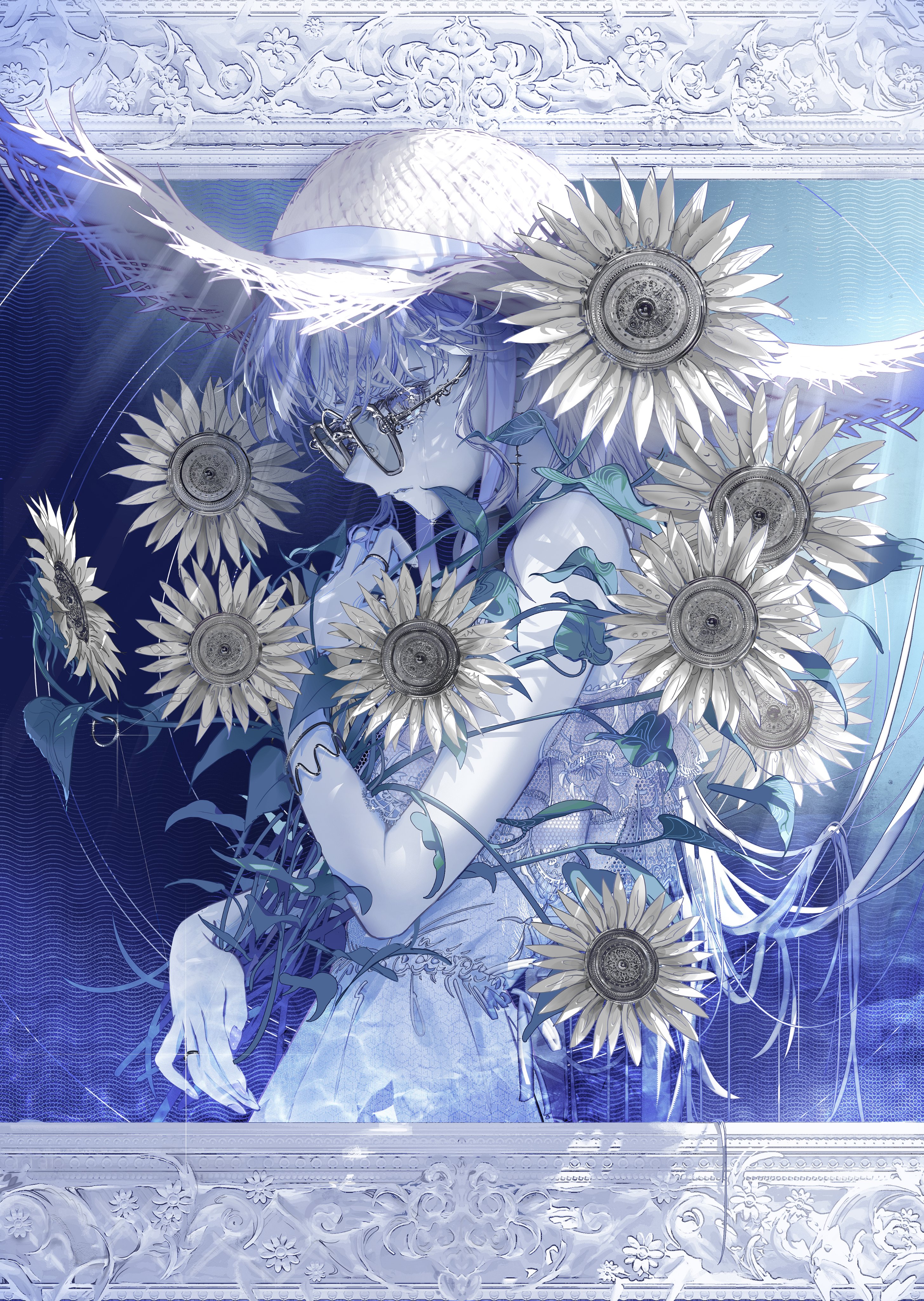the image depicts a beautiful anime girl with long blue hair. she's wearing a white straw hat and sunglasses and a white dress. she is standing in a field of silver sunflowers that have vines growing up around her. the background is a soft blue and white gradient and there is a white frame around the image. the overall vibe of the image is dreamy and ethereal.