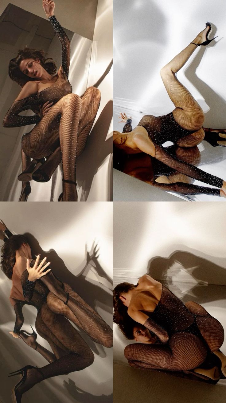 the image is a collage featuring four different photos of the same model in a black fishnet bodysuit adorned with small sparkling embellishments.  each photo shows the model in a distinct pose, highlighting different aspects of the outfit and her body. the poses are dynamic and suggestive, emphasizing the garment's fit and the model's figure. the background is simple, a lightcolored wall, allowing the model and her outfit to be the focal point.  the lighting uses shadows to create dramatic effects and adds depth to the images.  the overall style is highfashion and sensual.