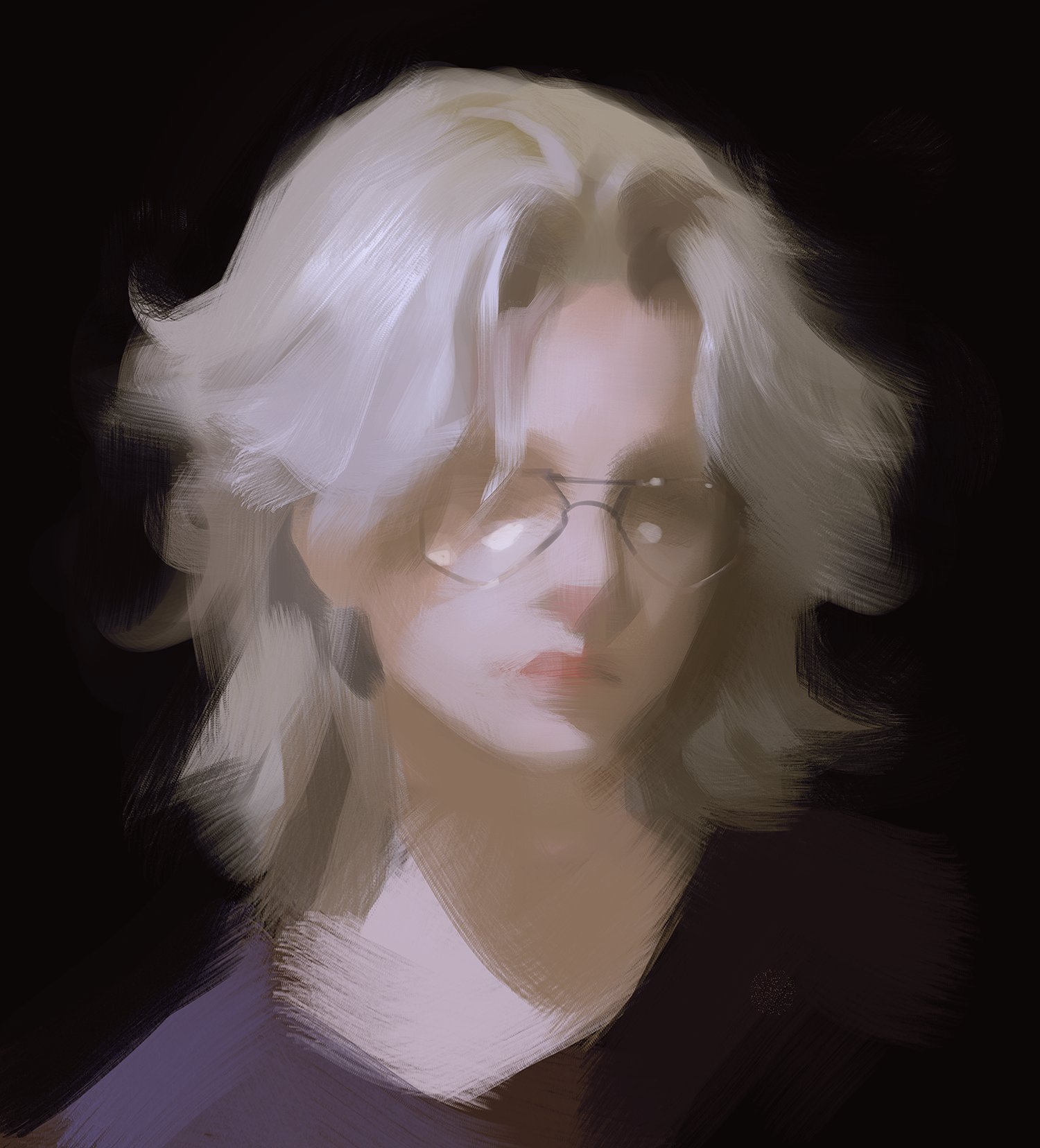 a painting of a woman with white hair and glasses. her face is soft and she is looking at the viewer. her hair is brushed up against the side of her face. she is wearing a purple shirt. the background is dark and blurred, giving the image a dreamy feel.