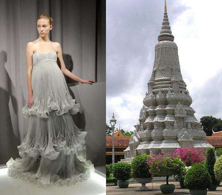 this image is a split image. on the left side, a fashion model is standing, wearing a beautiful, flowy wedding gown with intricate layers of ruffles and pleats. the dress is a light shade of gray and the model's pose accentuates the dress's elegance and softness. the right side of the image features a grand, traditional thai temple with ornate, intricate architectural designs. the temple appears to be made of white stone, with elaborate carvings and details. in the foreground, lush greenery surrounds the temple, creating a serene and peaceful atmosphere. the contrast between the modern fashion and the ancient architecture creates a unique and intriguing visual.