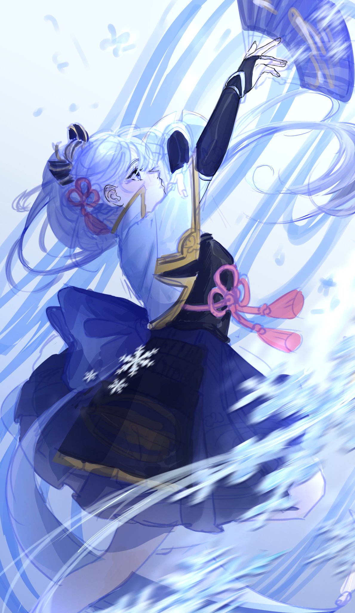 this is a digital illustration of an anime girl with white hair in a blue and white kimono. she is holding a fan in her hand, and the wind is blowing her hair and clothes.  she is surrounded by swirling blue and white lines, suggesting that she is moving very quickly. the overall effect is that of a magical or powerful woman.