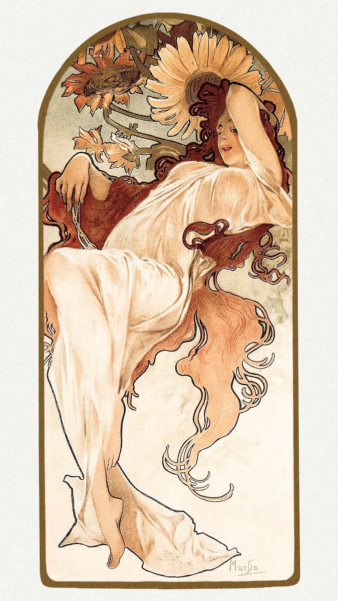 this image is a reproduction of an art nouveau poster by alphonse mucha. it features a beautiful woman with long red hair, reclining gracefully amidst a profusion of sunflowers and other flowers. she is dressed in a flowing, lightcolored robe. the style is characteristic of mucha's work, with its elegant lines, decorative elements, and emphasis on the female form. the image is framed by a gold border, giving it a classic and timeless feel.  the colors are soft and muted, mainly consisting of various shades of brown, beige, and cream, with touches of gold.  the overall impression is one of beauty, grace, and serenity.