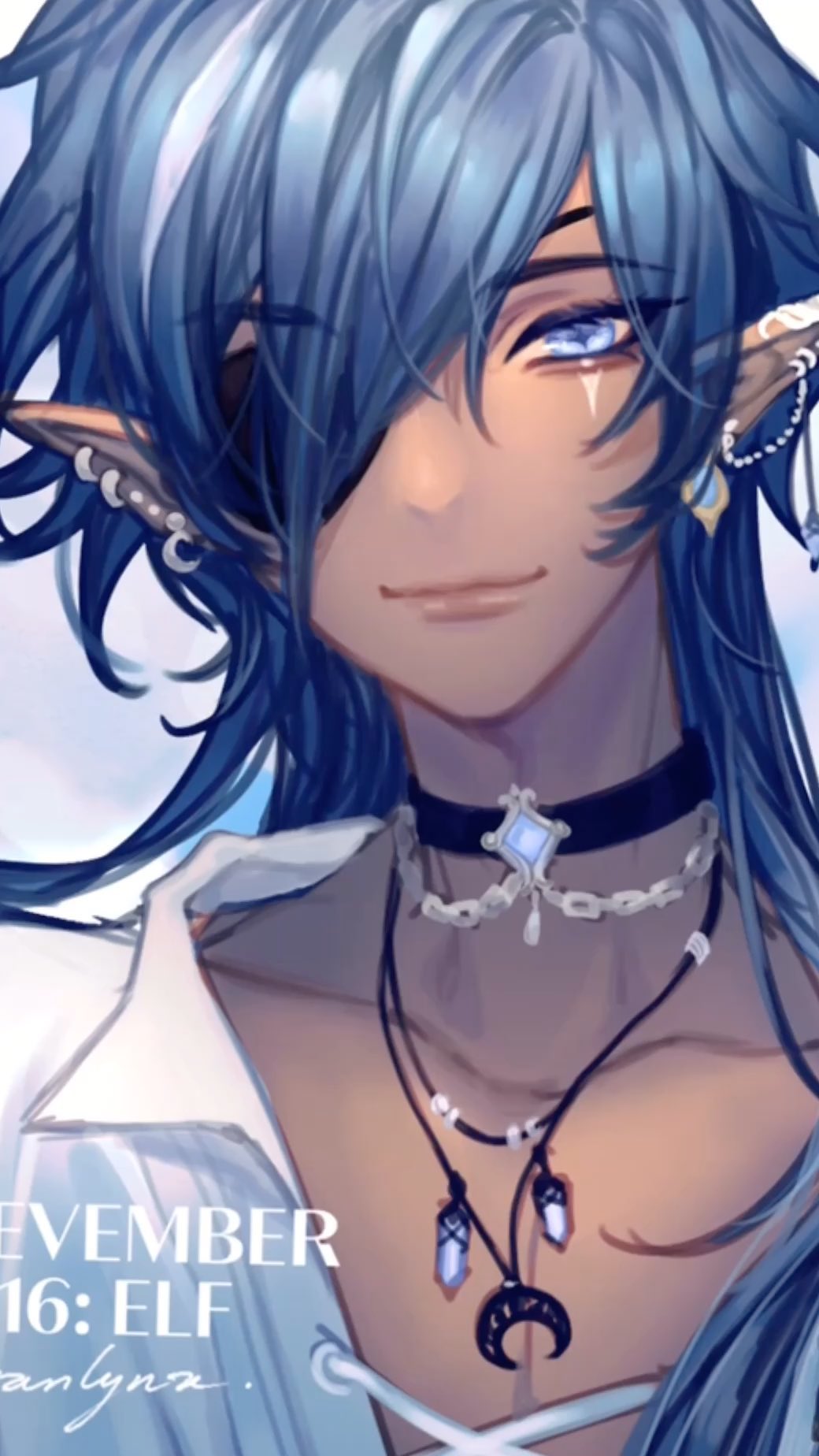 the image is a digital painting or illustration of an animestyle elf boy. he has long, flowing blue hair, an eye patch over his left eye, and several necklaces and earrings.  he is wearing a lightcolored, loose shirt and has a calm, pleasant expression. the artwork is highly detailed, with soft shading and a focus on his facial features and accessories. a caption on the bottom left mentions "november 16: elf" and the artist's name, "amlynx". the overall aesthetic is stylish and dreamy.