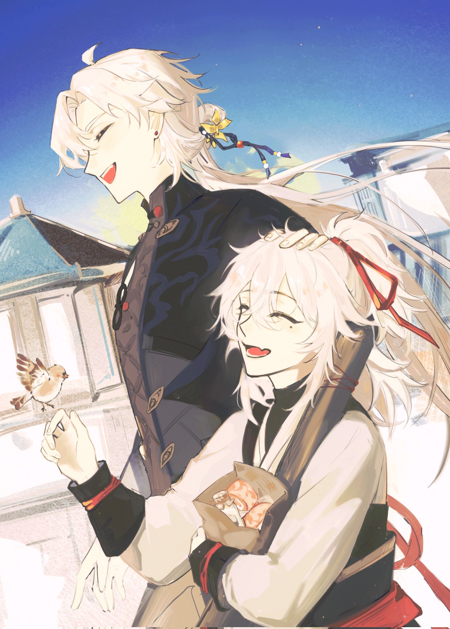 the image is a digital art piece of two anime characters. they are both male, and one has white hair and a black outfit while the other has white hair and a white outfit. the character on the left is smiling and looking down at a small sparrow he is holding. he has his arm on the shoulder of the other character, who is also smiling and looking up. they are walking in a town and there are buildings in the background. the sky is sunny and there are clouds.