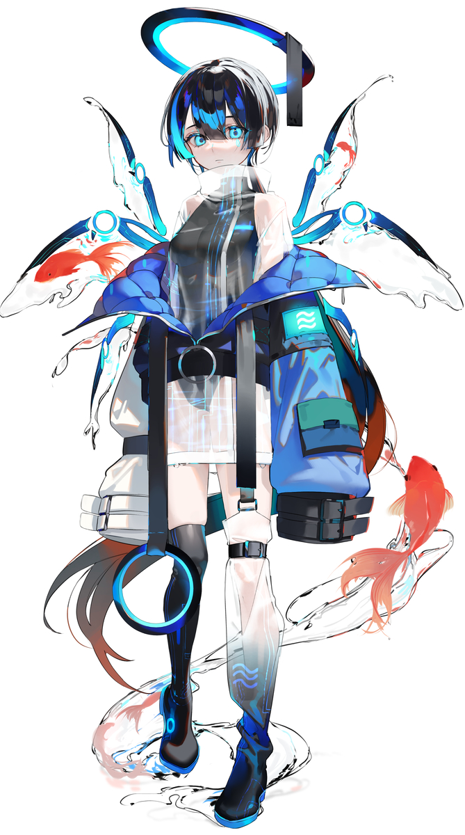 a full body illustration of an anime girl with short black and blue hair, glowing blue eyes, a futuristic halo, and mechanical wings decorated with koi fish. she is wearing a black and grey top, a white skirt, black stockings on one leg and a futuristic leg covering on the other, and black and blue boots. she also wears a blue jacket with a wave symbol and several straps and buckles. koi fish are also illustrated around her legs.