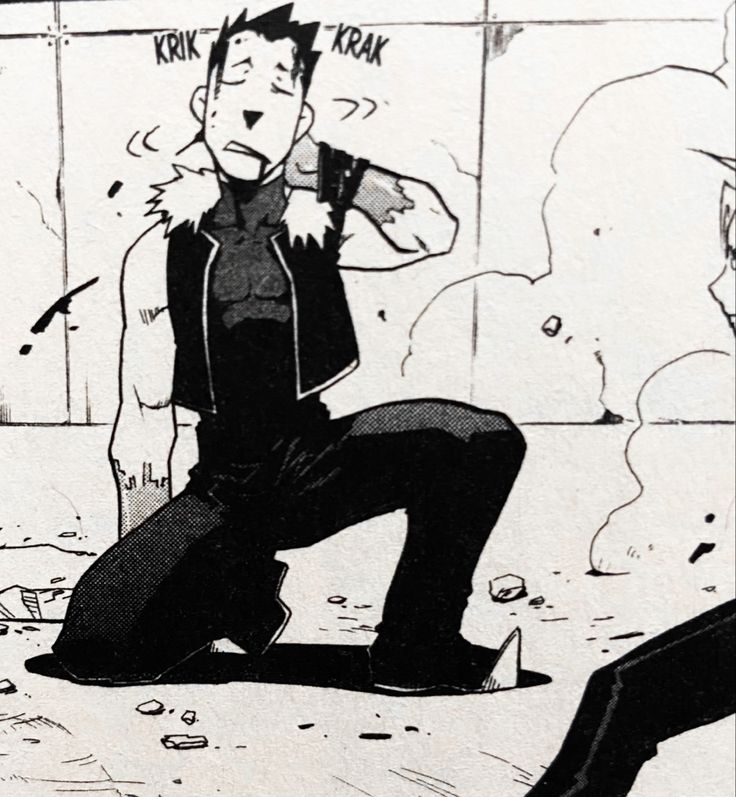 a black and white manga image of a male character kneeling on one knee with his arm raised. the character is wearing a dark vest and pants and is facing the right of the image.  the character is looking forward with a determined, possibly frustrated expression.  the word "krik" is on the left of the character's head and "krak" is on the right.