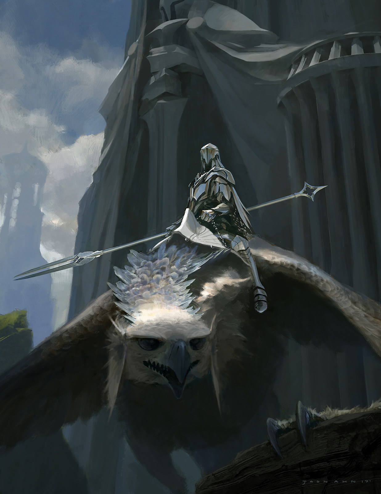 a knight in shining armor sits atop a giant bird. the bird is a griffin, a mythical creature with the head and wings of an eagle and the body of a lion. the knight is holding a spear and looking out over a vast landscape of mountains and ruins. the scene is lit by an overcast sky.