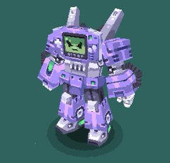 a purple pixel art robot that looks like it could transform.  it has a screen for a face that is reminiscent of a gameboy. there are antennae on its head that look like they could be used for communication.  the robot is standing in a pose that makes it look like it's ready for battle.