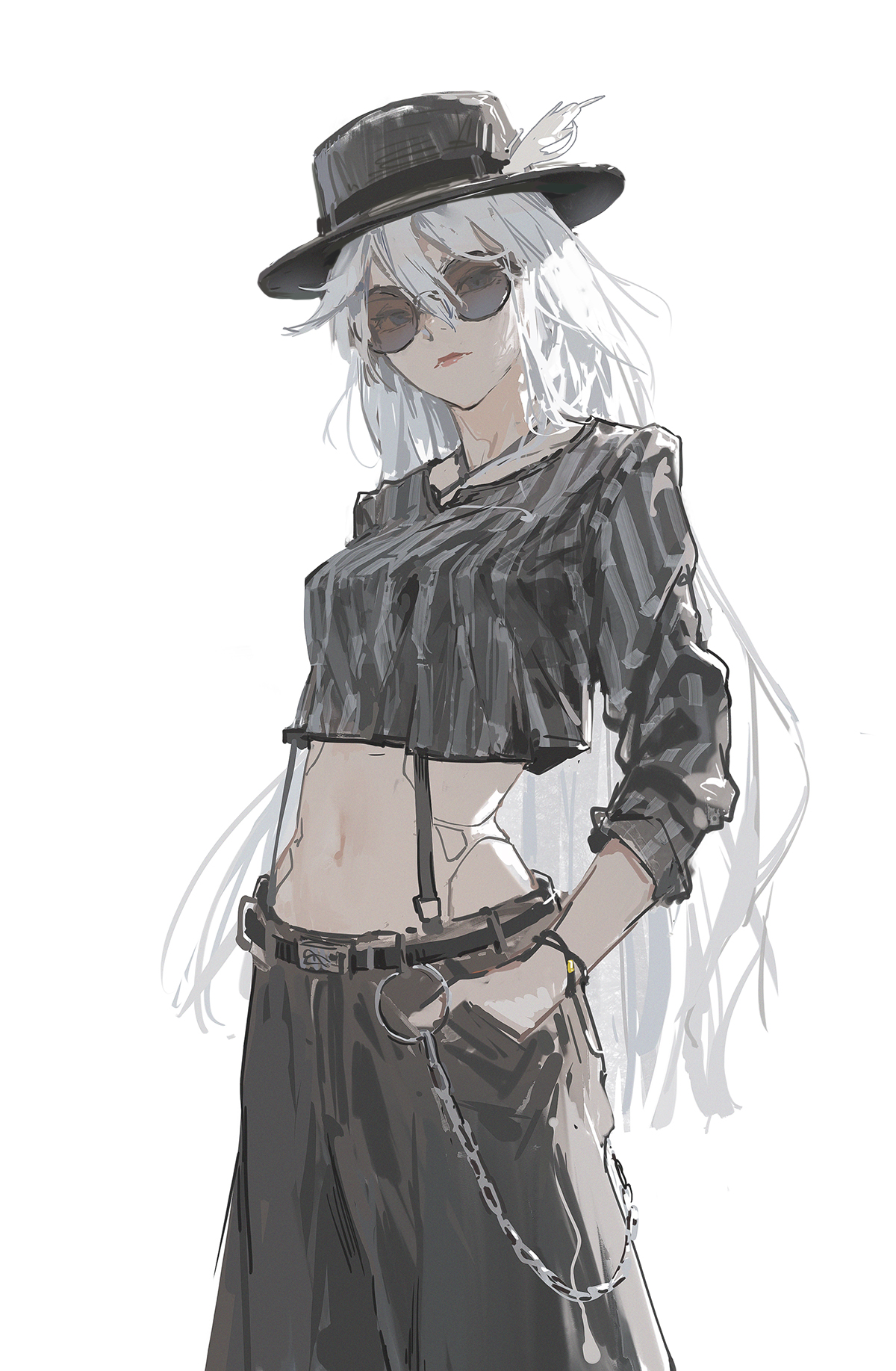 a drawing of an anime girl with long white hair, wearing a hat, sunglasses, a crop top, pants, and a chain. she has a cool and stylish look.