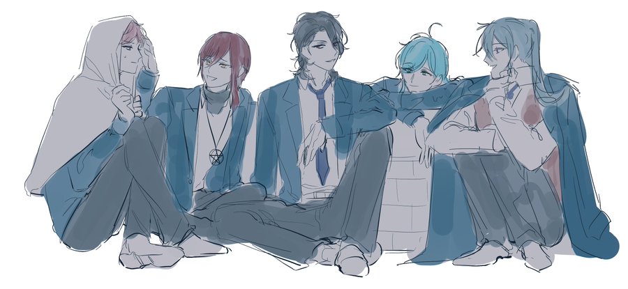 the image shows 5 anime boys sitting together, looking happy and casually dressed. the boy in the front wearing a white hoodie and blue jeans is sitting on his knees. the boy with red hair and a black turtleneck is sitting on the right of him, and the boy with blue hair is to his right and they are all smiling. the boy with black hair and a blue tie is sitting on the right, and the boy with black hair wearing a blue suit is sitting to his right and all of them look like they are enjoying each other's company.