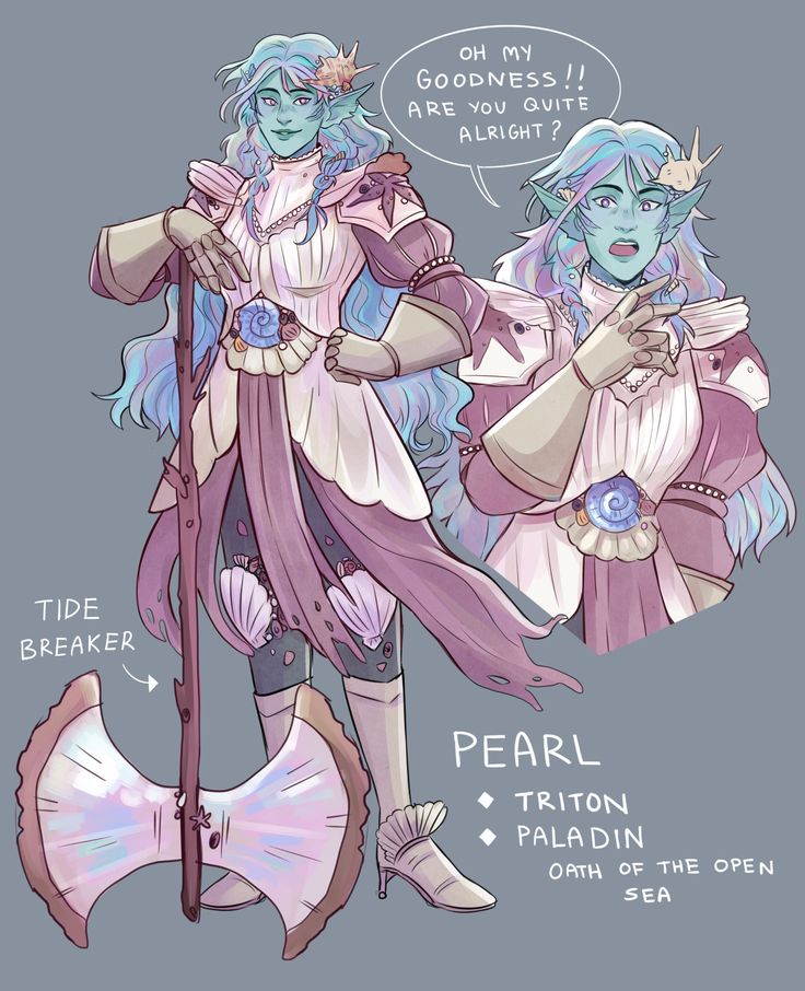 this image depicts a d&d character named pearl, who is a triton paladin of the open sea.  pearl has blue skin and long flowing blue hair. she is wearing a white and pink dress with a seashell motif, and has a large double bladed axe that is also a seashell motif. she is holding the axe up in one hand and her other hand is on her hip. pearl is smiling and looks very confident.  a speech bubble above her reads "oh my goodness!! are you quite alright?"  the image is drawn in a cute and whimsical style, with soft pastel colors.