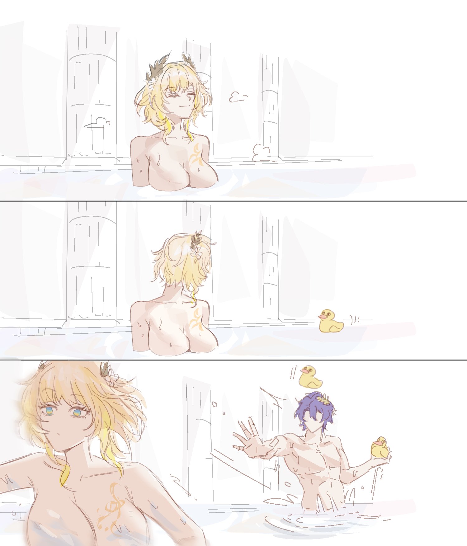 this is a fanart image depicting characters from the game genshin impact, raiden shogun and kokomi, enjoying a bath together. the first two panels show each of the female characters separately relaxing in the bath, while the third panel shows kokomi and a male character (possibly a character based on the game, but not clearly identifiable) interacting playfully while in the bath with some rubber ducks. the art style is light and pastel colored with sketchy lines, conveying a relaxed and humorous mood. the setting appears to be a bathhouse or onsen. the characters are drawn in a seminude fashion, emphasizing the bathhouse setting.