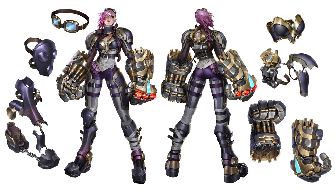 a digital illustration of a female video game character wearing cybernetic gloves and armor. she has pink hair and is wearing a black and purple outfit with a white belt. the character is shown in two poses, one facing forward and one facing the viewer. she is surrounded by disassembled parts of her armor, including her gloves and her chest piece. the background is white.