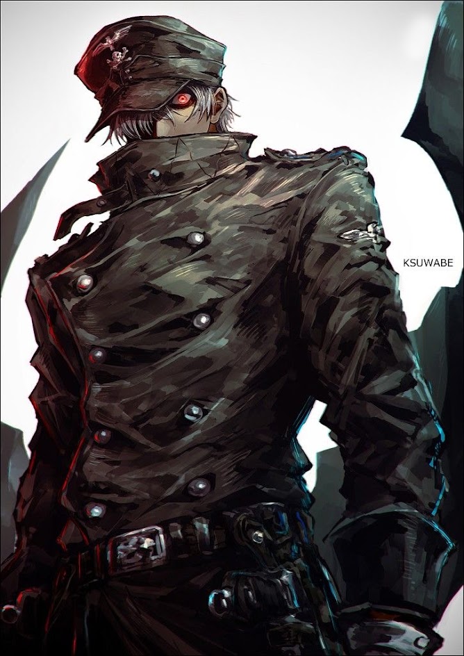 this is a digital artwork depicting a dark and intense anime soldier. the soldier is wearing a black and white military uniform, and he has a serious expression on his face. the artwork is set in a dark and moody environment, and the soldier is holding a gun. the soldier's eyes are glowing red. this artwork evokes a sense of fear and danger.  it looks like a drawing from an anime or video game.