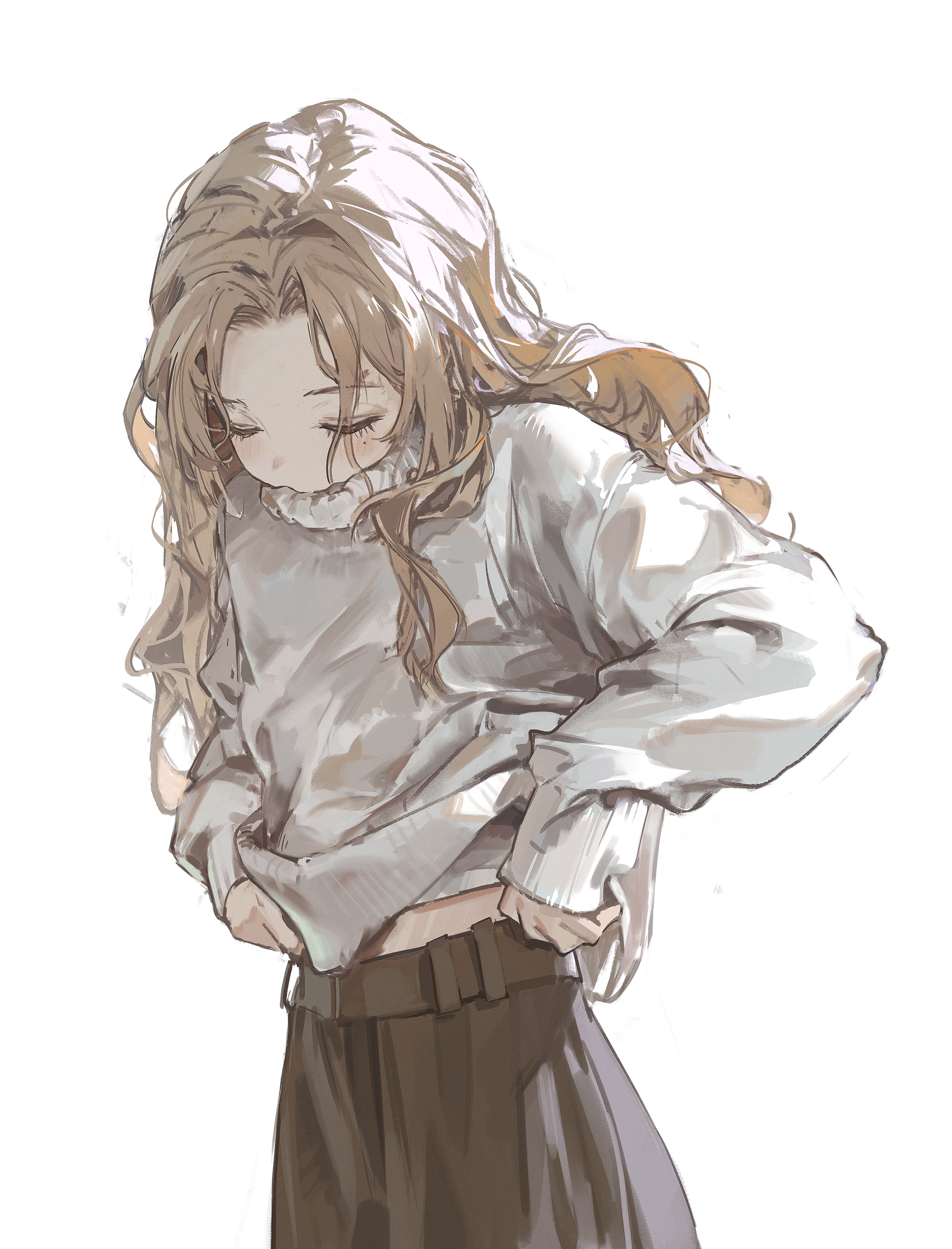 this is a digital illustration of an anime girl with long blonde hair. she is wearing a gray turtleneck sweater and brown pants. the girl is looking down with her eyes closed. she has a sad and thoughtful expression on her face.