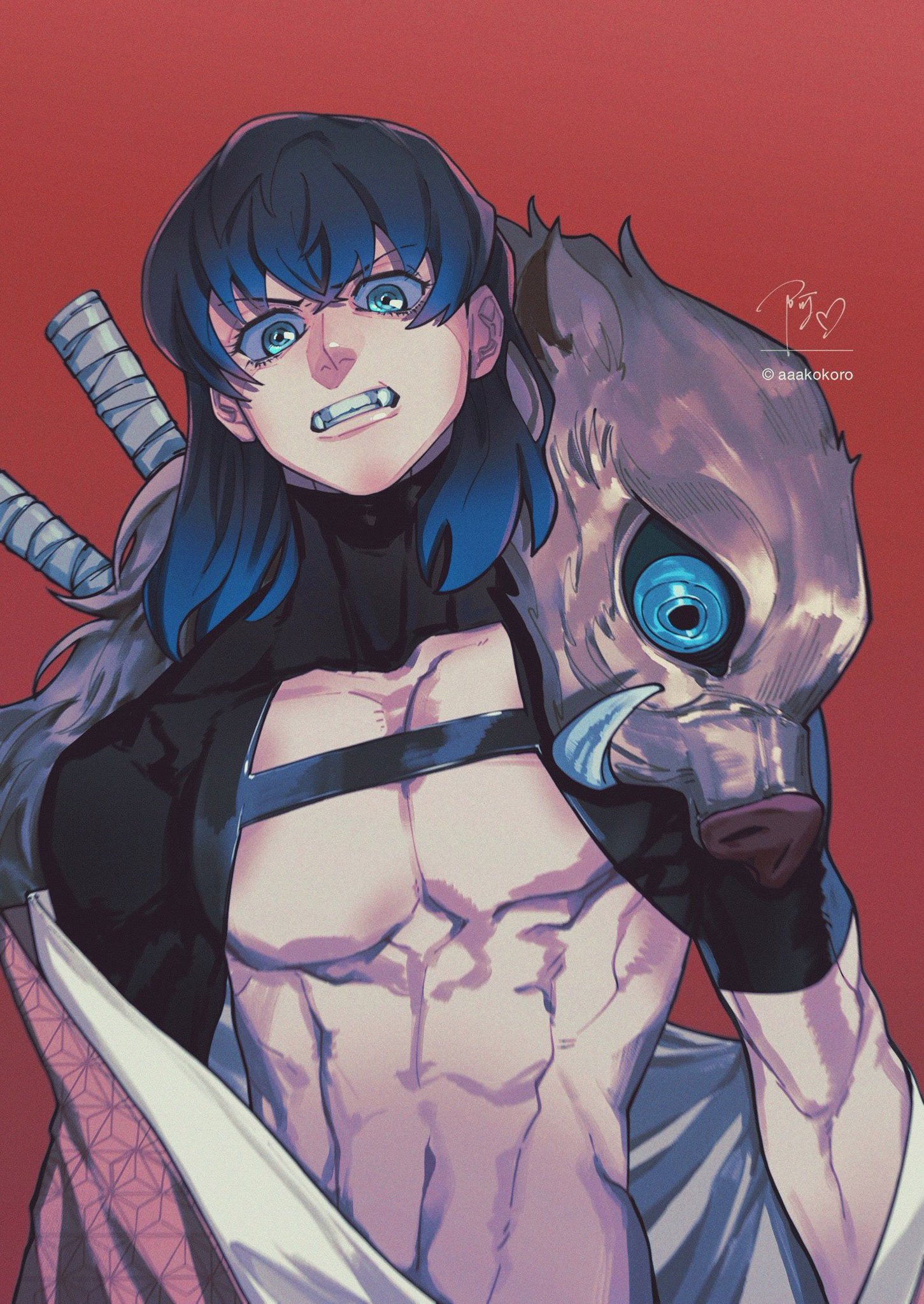 this is an illustration of inosuke hashibira, a character from the anime demon slayer. he is shown shirtless, revealing a muscular physique. his signature boar head mask rests on his shoulder, and he carries his swords on his back. his blue eyes are sharp with determination, and his expression is fierce. the background is a solid reddishbrown color.