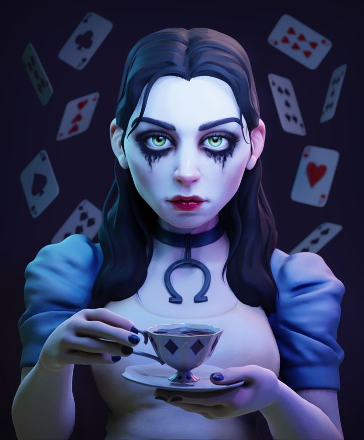 a digital illustration of alice from alice in wonderland, she is depicted as a gothic and dark version of herself, with black and white makeup and a dark dress. she is holding a teacup and saucer, with playing cards floating around her. the background is dark and mysterious, creating a surreal and dreamlike atmosphere.