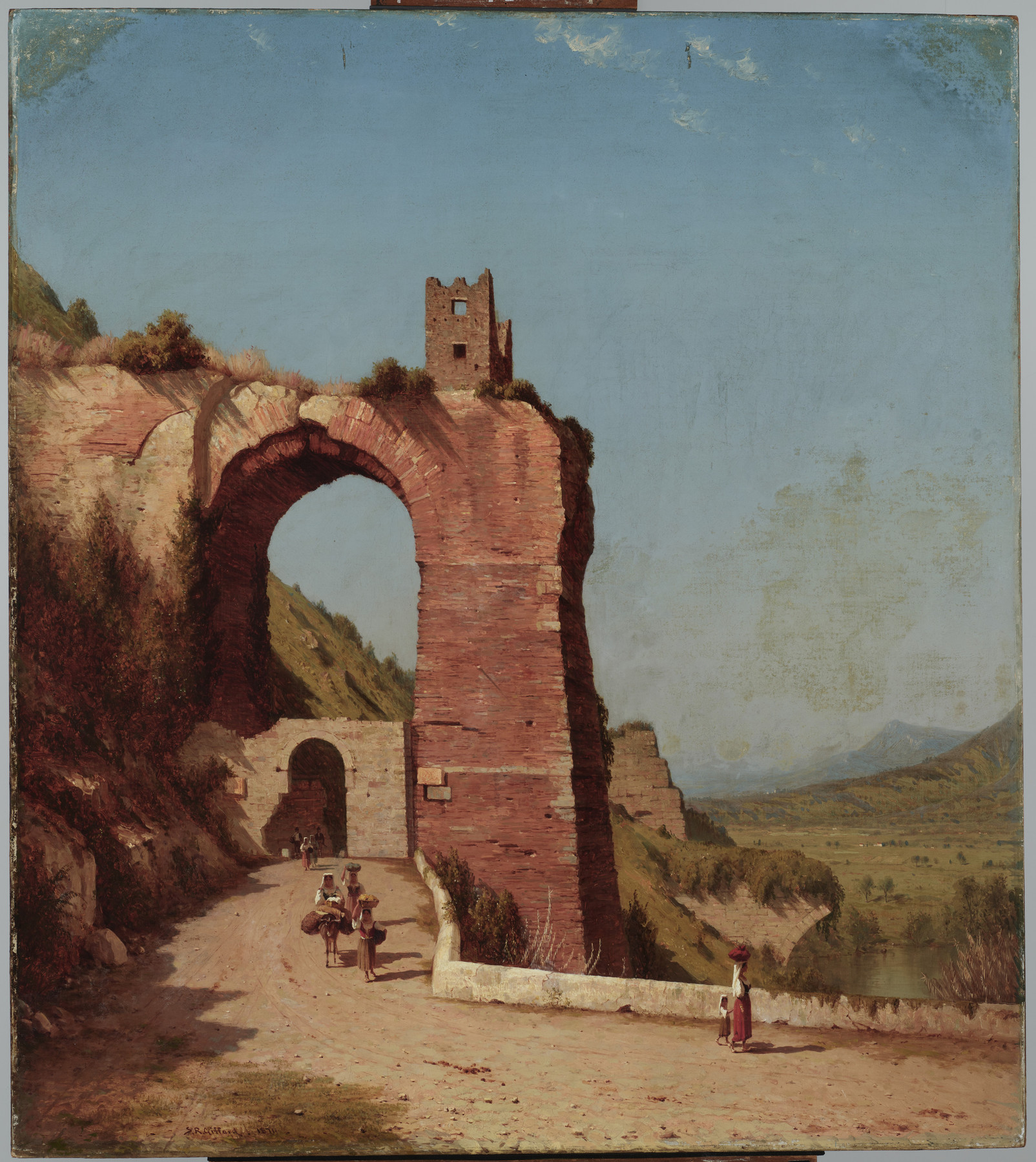painting of an aqueduct and arch ruins in a landscape with people on a road. there are mountains in the background and a clear blue sky. the ruins include a tower structure on top of the arch. people are walking along the road in the foreground.