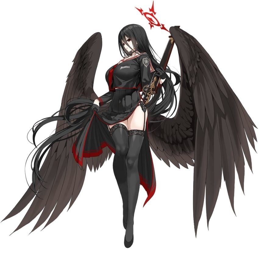 a drawing of a beautiful anime girl with long black hair and large black angel wings. she is dressed in a black and red outfit and holding a sword. she looks like a dark and mysterious character.