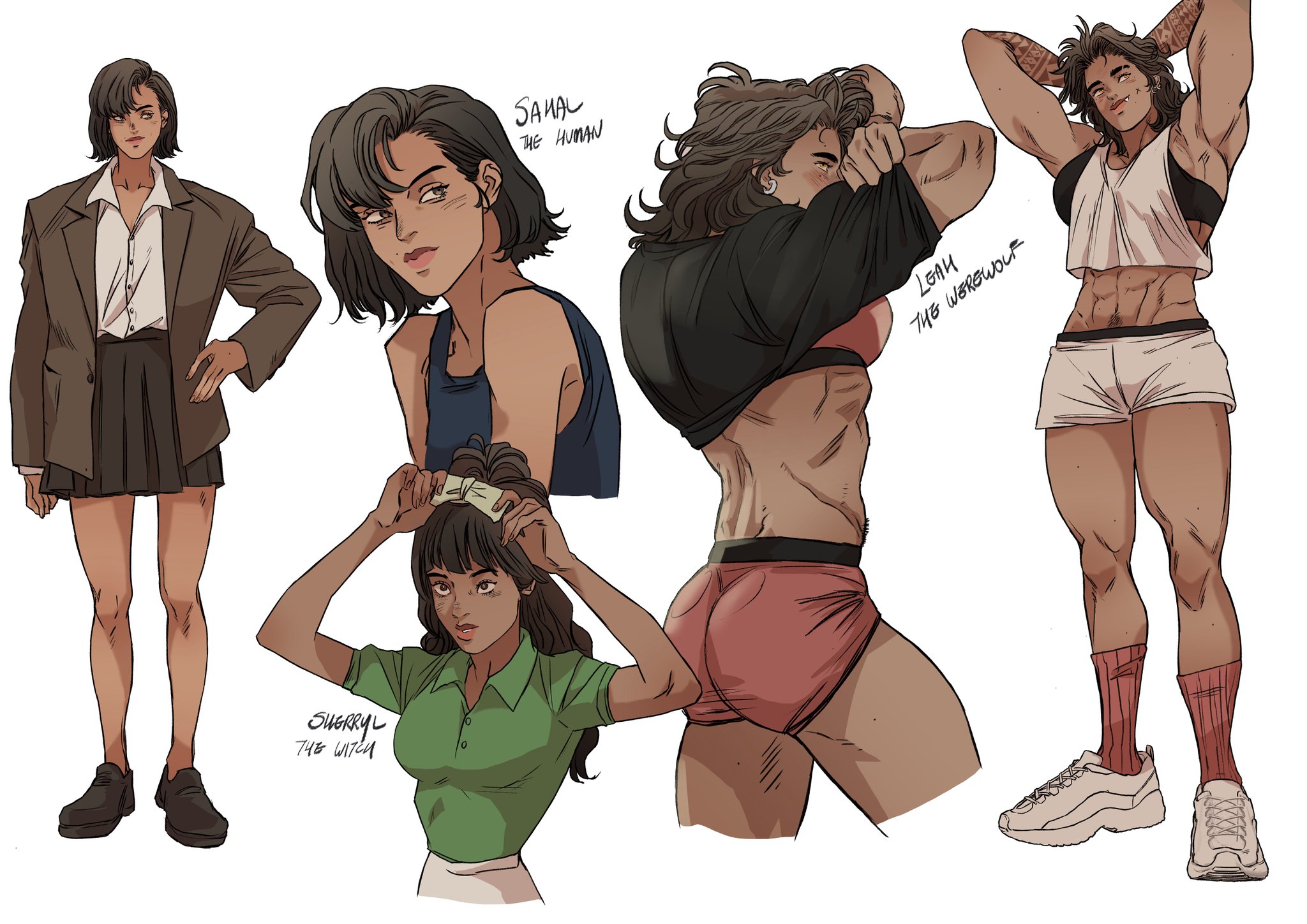 this image shows an illustration of four diverse female characters in various poses. each character is labeled, with samal identified as "the human", sherryl as "the witch", and leah as "the werewolf". they each have different body types and clothing styles. the illustration appears to be a character design sheet.