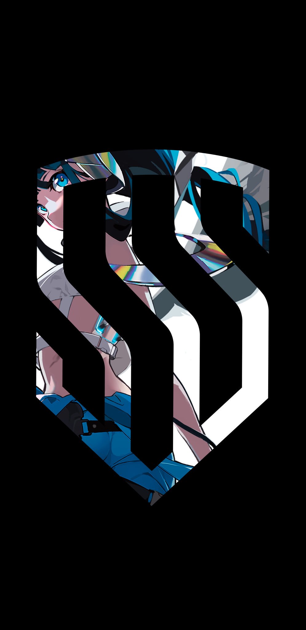 an esports logo featuring the letters "ss" in a bold, stylized font, partially overlaid with an animestyle illustration of a girl with blue hair and a futuristic outfit. the background is black, creating a strong contrast.