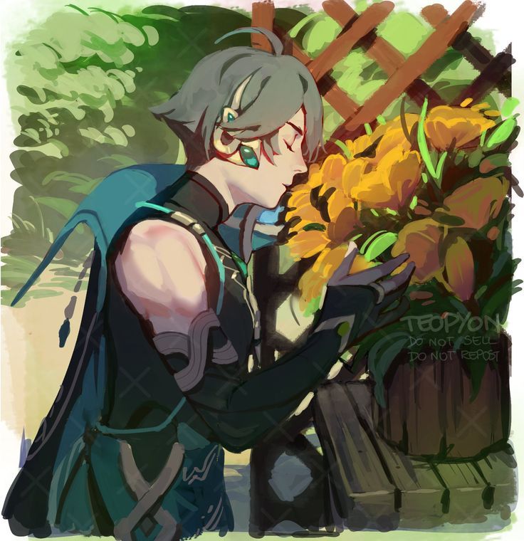 he image is a digital painting of a male anime character, possibly fanart of albedo from genshin impact, who is dressed in teal and dark clothing. he is standing close to a vibrant display of yellow sunflowers in a garden setting. the style is painterly and expressive, with a focus on soft lighting and colors. the character appears peaceful and serene, with his eyes closed as he gently smells the flowers. the background suggests a sunny day with lush green foliage. the artwork is detailed, showcasing the character's clothing and features, as well as the textures of the flowers and the garden setting. a watermark in the corner indicates the artist's name and copyright information.