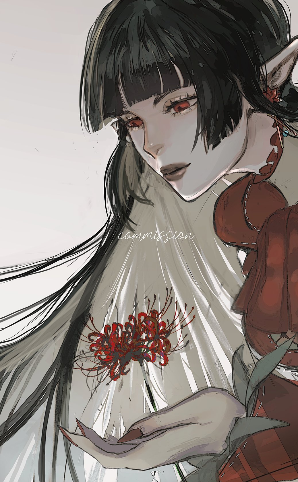 this is an animestyle illustration of a woman with red eyes and long black hair. she is wearing a red and white outfit, and she is holding a red flower. the woman is looking down at the flower. she has an elegant and mysterious aura about her. the background of the image is blurred, which makes the woman stand out.