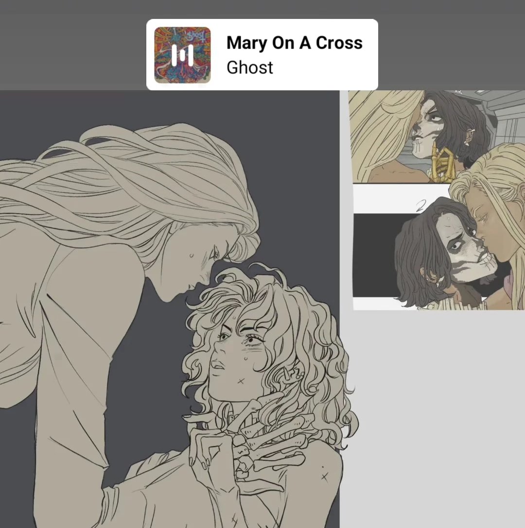 the image shows a drawing of a couple embracing, with skeleton hands on one character. a music player displays the song "mary on a cross" by ghost. the couple is drawn with pale skin, one with blonde hair and the other with dark hair. the drawing conveys intimacy and a touch of the macabre with the skeletal hands. two smaller drawings of the couple kissing, with skeleton face paint, are on the right.