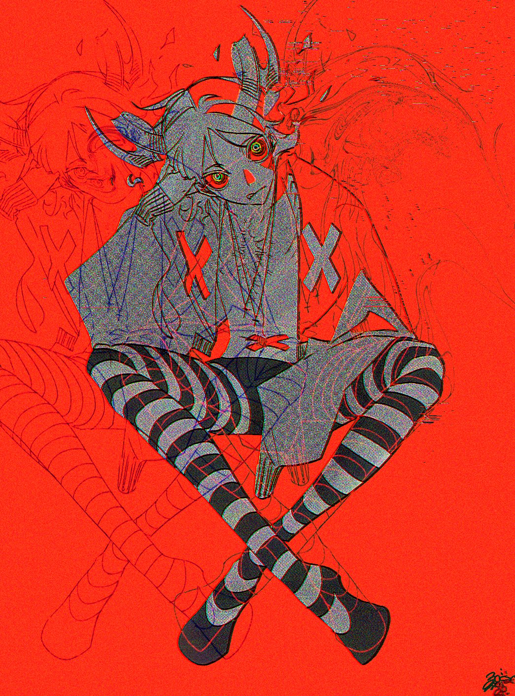 the image is a digital illustration in a style blending anime/manga aesthetics with surreal and glitch art elements. a central figure, seemingly a young person with stylized features and horns or a similar headpiece, is depicted seated with legs crossed, wearing black and white striped stockings. the figure's clothing is partially obscured and appears layered with textural effects suggesting a distressed or glitching image. the background is a vibrant red, and overlayed lines and forms create a sense of depth and movement, suggesting a possible narrative element beyond the central figure. there are hints of other figures or forms in the background, partially obscured or distorted in a way that adds to the overall otherworldly or unsettling mood. the overall style is graphic and dark, with a strong emphasis on texture and visual distortion.