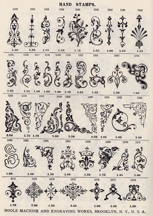 this image is a page from a vintage catalog showcasing a wide variety of hand stamps. each stamp features a unique decorative design, mainly floral and scroll patterns, with prices listed next to each design.  the catalog is from hoole machine and engraving works in brooklyn, new york, usa. the designs are intricate and detailed, reflecting the craftsmanship of the era. the page is wellorganized, with the designs neatly arranged in rows and numbered for easy reference. the overall aesthetic is one of elegance and precision.