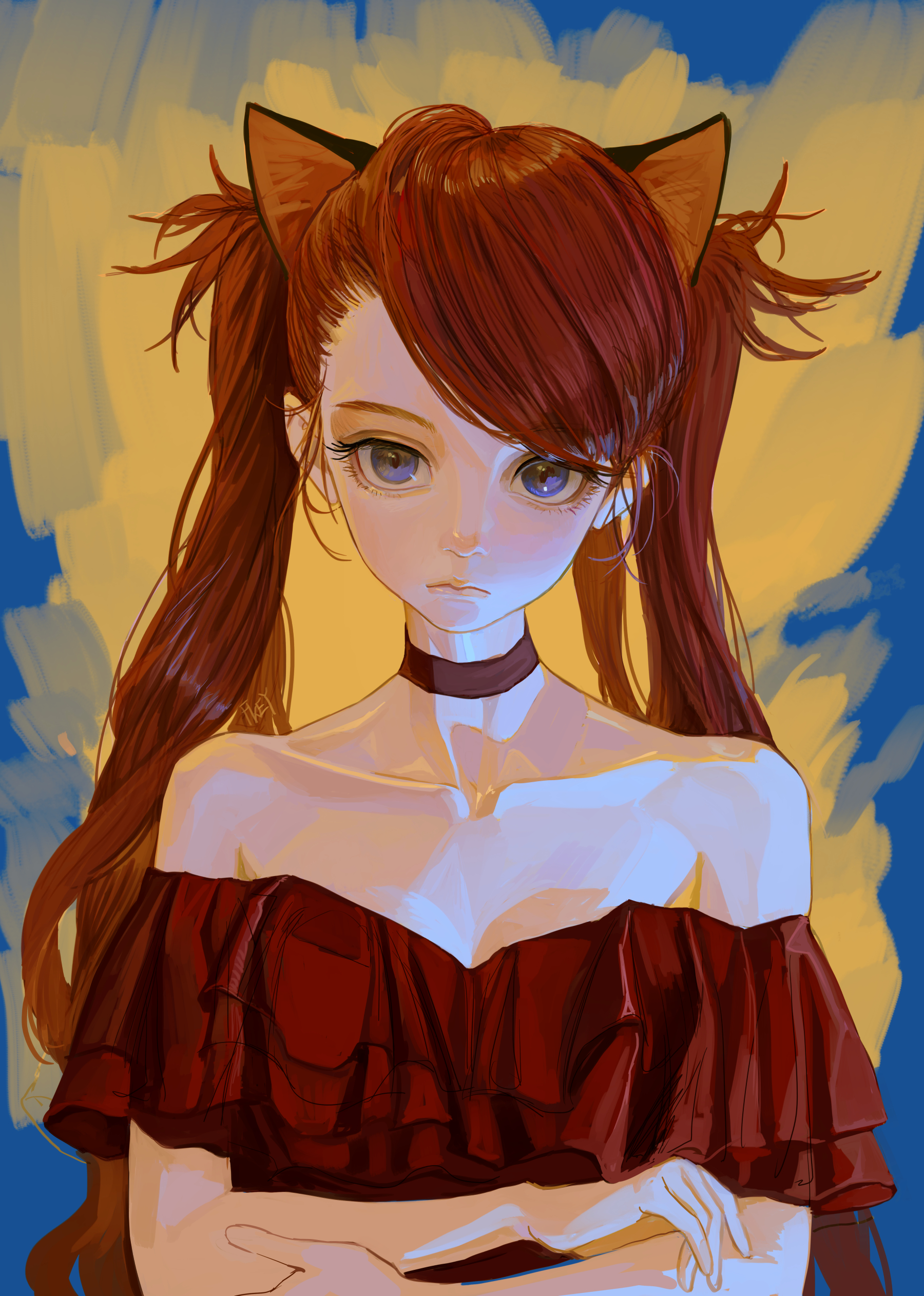 the image is a digital art portrait of an animestyle girl. she has light skin, brown hair tied in pigtails with brown cat ears on top of her head. her purple eyes look forward with a slightly melancholic expression. she is wearing an offshoulder, red ruffled dress and a dark brown choker around her neck. her hands are crossed in front of her. the background is a mix of yellow and blue brush strokes. the artwork style is stylized with visible brushstrokes and soft lighting.