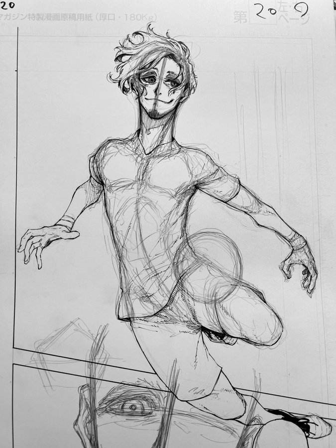 a closeup shot of a mangastyle sketch depicts a young man with light hair and a partially obscured face, possibly wearing a tshirt and shorts. he's in a dynamic pose, midjump or leap, his body angled, and his limbs extended. the style is loose and expressive, with visible pen strokes and shading. the sketch is done in black and white ink on white paper, and there are some numbers and japanese text visible in the upper corner of the image that seems to be a page number or other identification. there's also a suggestion of a larger composition beneath the main character, possibly showing another character or setting. the overall impression is that of a work in progress, a concept sketch or part of a manga page.