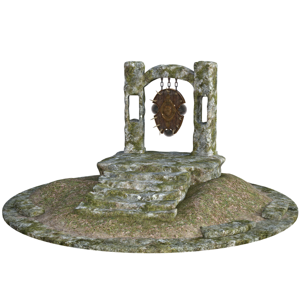 a 3d rendering of a weathered stone archway atop a set of stone steps and a circular platform. the archway, covered in moss, features an ornamental shield hanging from chains. the shield has a spiked design and appears ancient. the scene is set against a black background, emphasizing the fantasy or mystical nature of the stone structure.