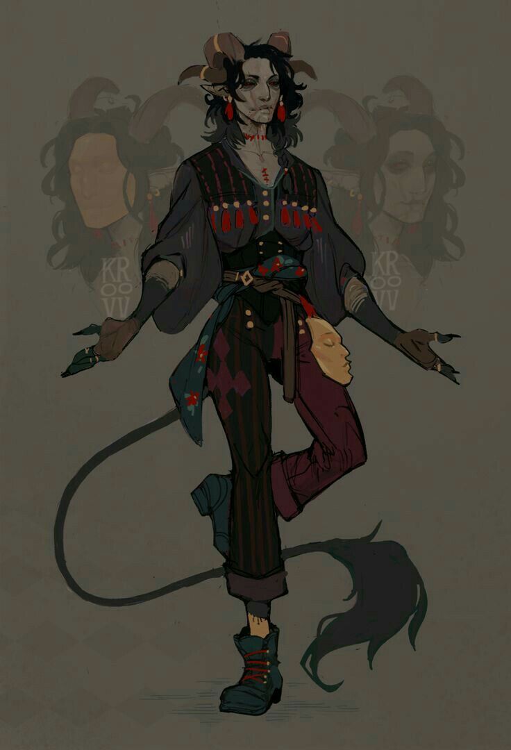 a fantasy character stands with their leg bent. they have horns and a tail. their clothing is colorful with reds, blacks, and purples. they appear to be a female demon or a creature with demonic traits.  the artwork is a digital illustration.