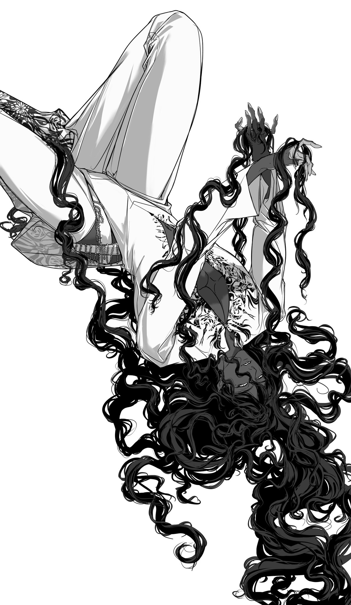 a black and white illustration of a woman with long, curly hair falling downwards in a dramatic pose. she is wearing a white shirt and pants.  her hair curls and twists like a whirlwind. the image is full of movement and energy. it is a beautiful and elegant illustration with a mysterious and dark tone.