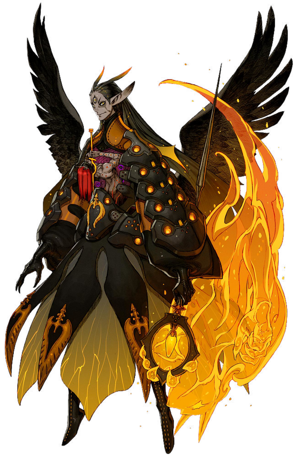an androgynous being with black wings, horns and long, black hair. they are wearing black and gold armor, and are holding a lantern in their right hand, while a flame is behind them.