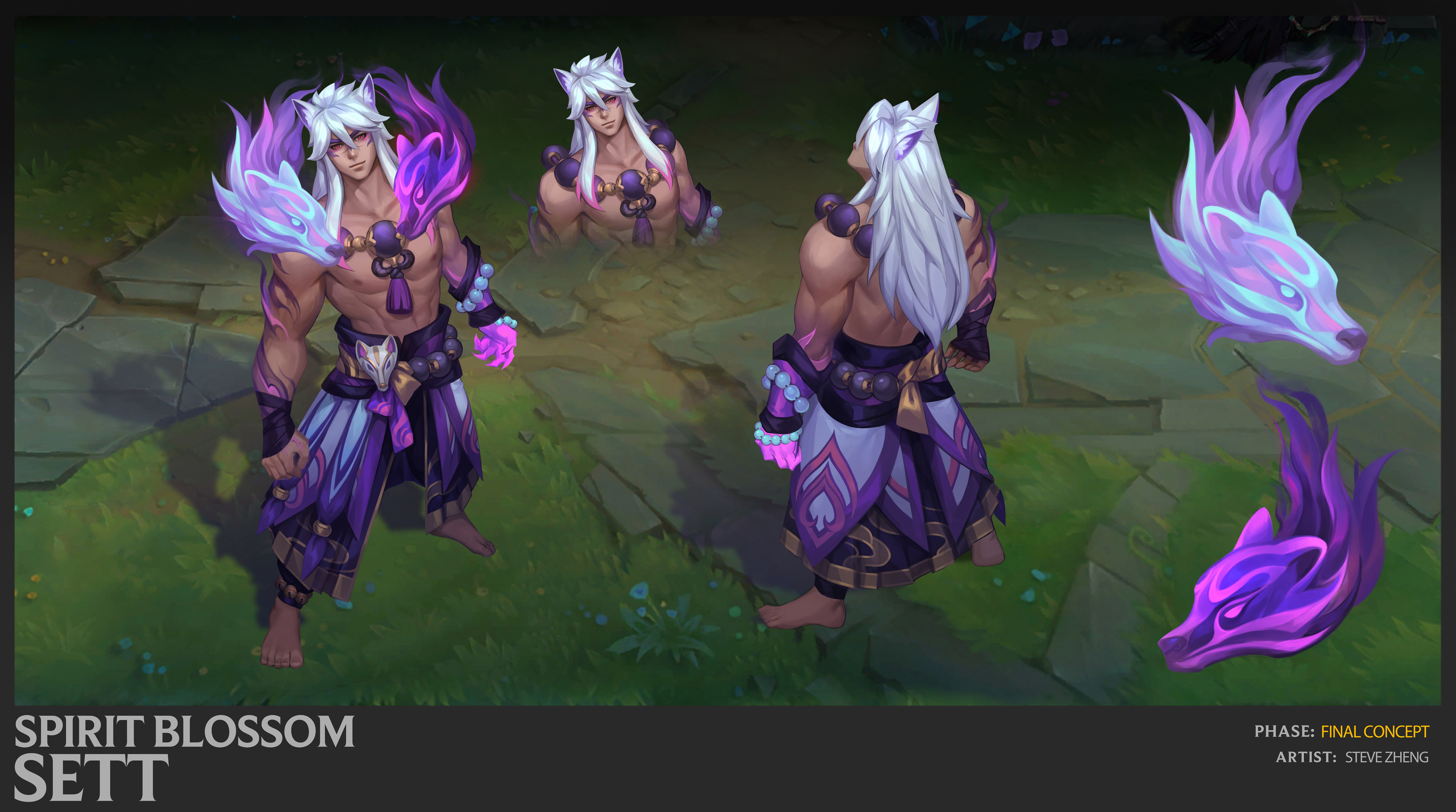 the image showcases concept art for a league of legends skin called "spirit blossom sett."  it presents a muscular male character, sett, in three different poses.  he's adorned in a purple and white kimonostyle outfit with wolflike spirit entities manifested as glowing purple and blue flames on his shoulders and floating nearby. the art style is vibrant, detailed, and incorporates elements of japanese and fantasy aesthetics.  the bottom of the image indicates the artwork is a "final concept" by artist steve zheng.