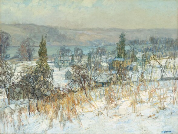 an impressionistic painting depicts a winter landscape with snowcovered ground and bare trees in the foreground. several small houses are scattered throughout the middle ground, and rolling hills and a body of water are visible in the background. the sky is overcast, adding to the cold, muted atmosphere of the scene. brown and yellow grass pokes through the snow in the foreground.