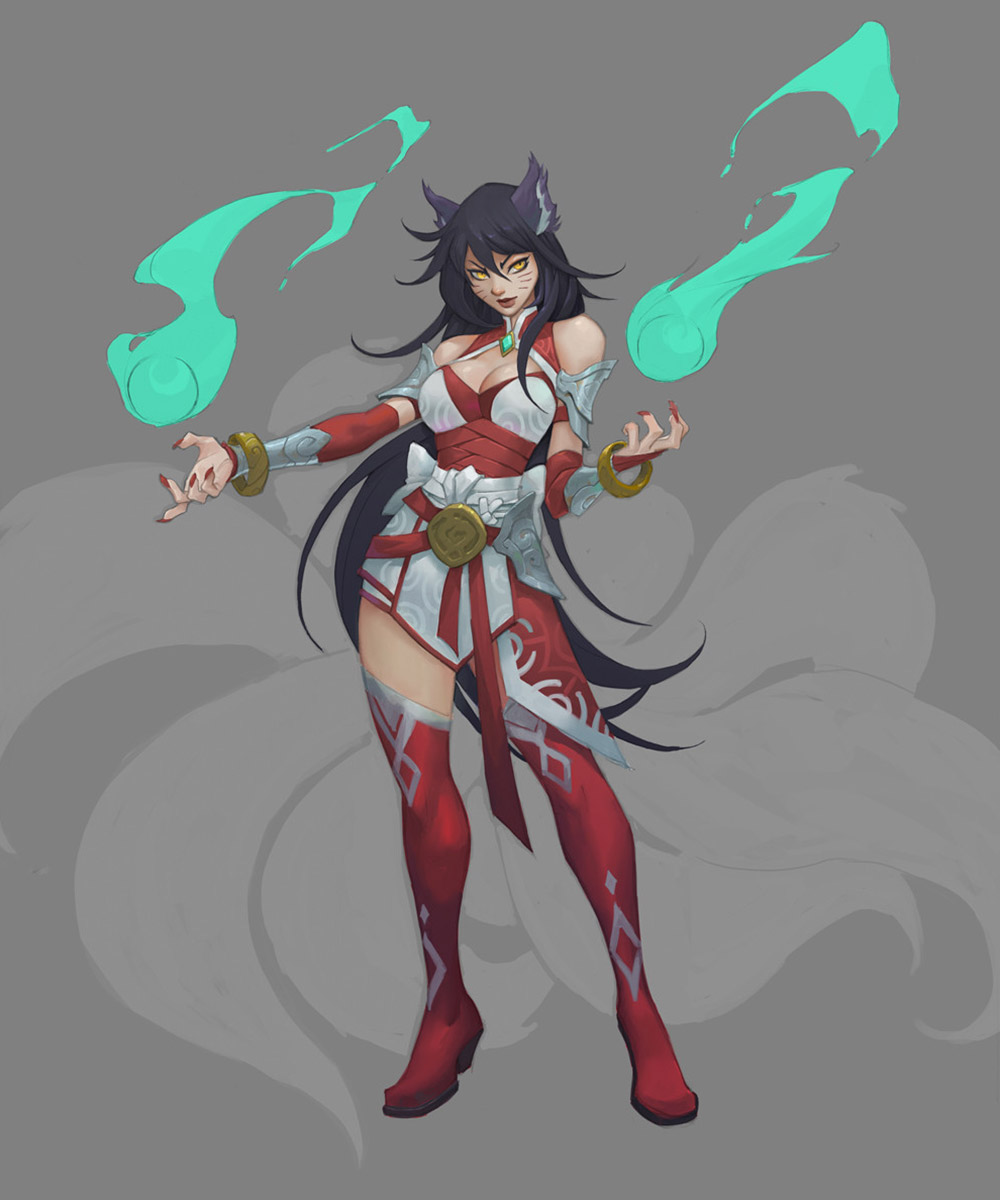 a female anime character with long black hair and yellow eyes is wearing a red and white outfit and holding a sword. she is standing with her legs apart and her arms outstretched. she has magic flowing from her hands. the background is a gray gradient.