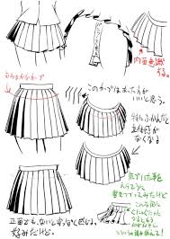 the image shows a series of drawings of different pleated skirts. the drawings show the steps on how to draw a pleated skirt, which includes showing different angles and styles of the skirt.  the drawings are in a simple style, using lines and shading to create the illusion of volume.