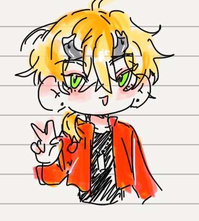 a cartoon doodle of a cute blond boy with red jacket and horns. he is giving a peace sign and smiling.