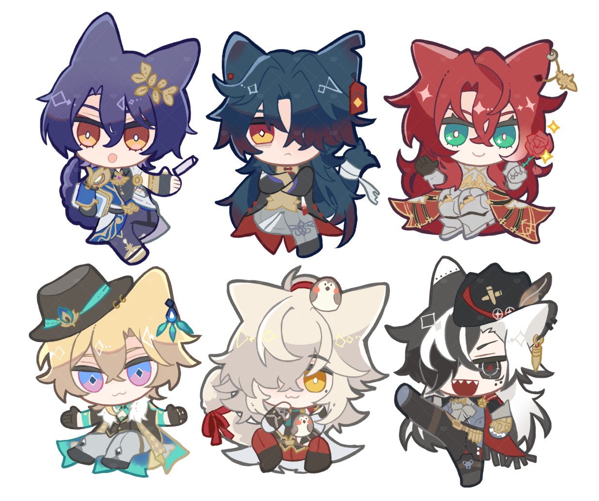 this image contains six anime chibi characters from the game genshin impact. the characters are all male and are depicted in a cute cartoon style. each character has a unique design, and they are all drawn in a bright and colorful style. the characters are standing on a white background.