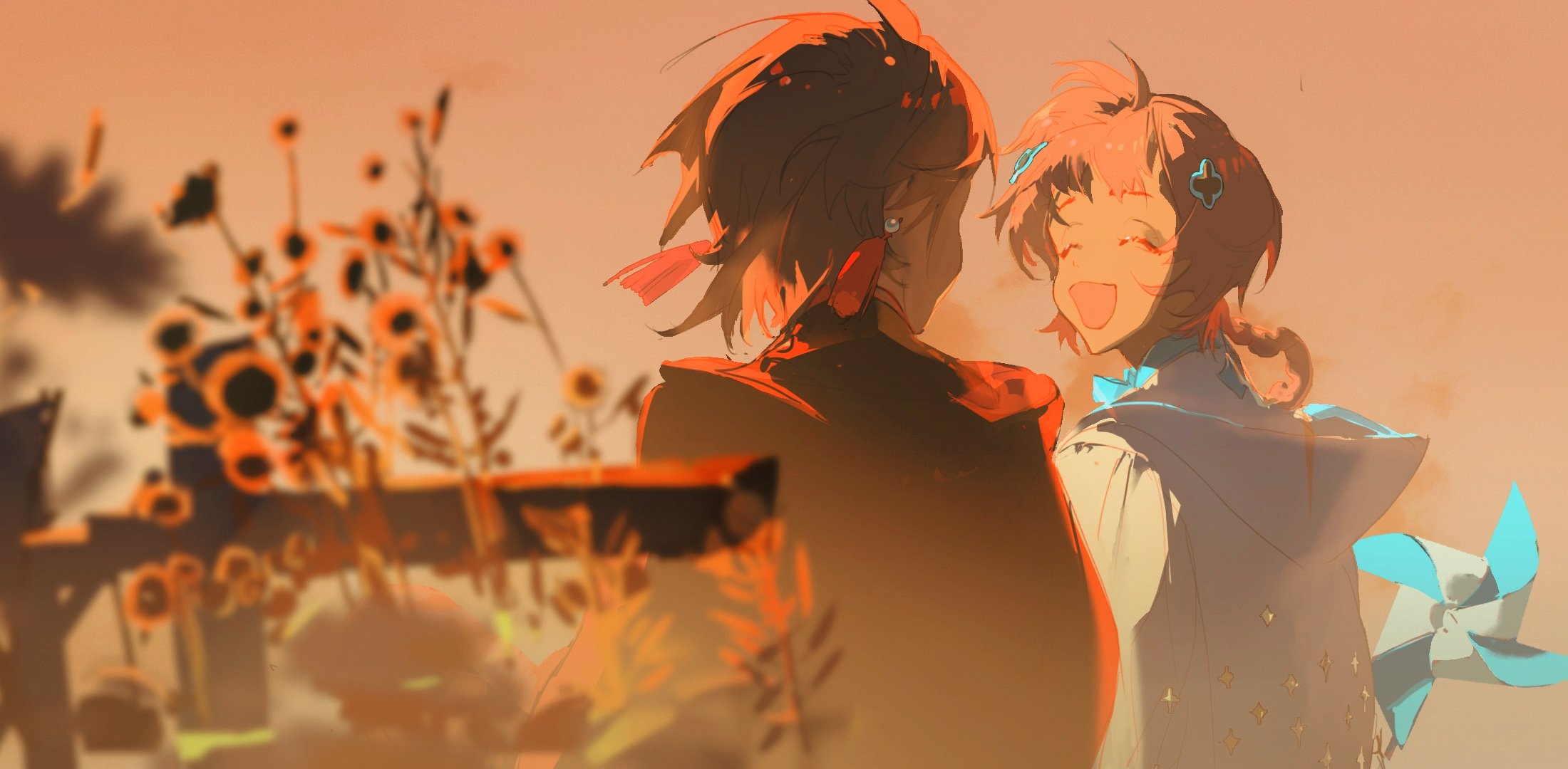 two anime girls are smiling at each other. they are standing in front of a field of sunflowers. the girl on the left is wearing a red dress, and the girl on the right is wearing a white dress with blue accents. the background is a beautiful sunset. the overall vibe of the image is happy and carefree.