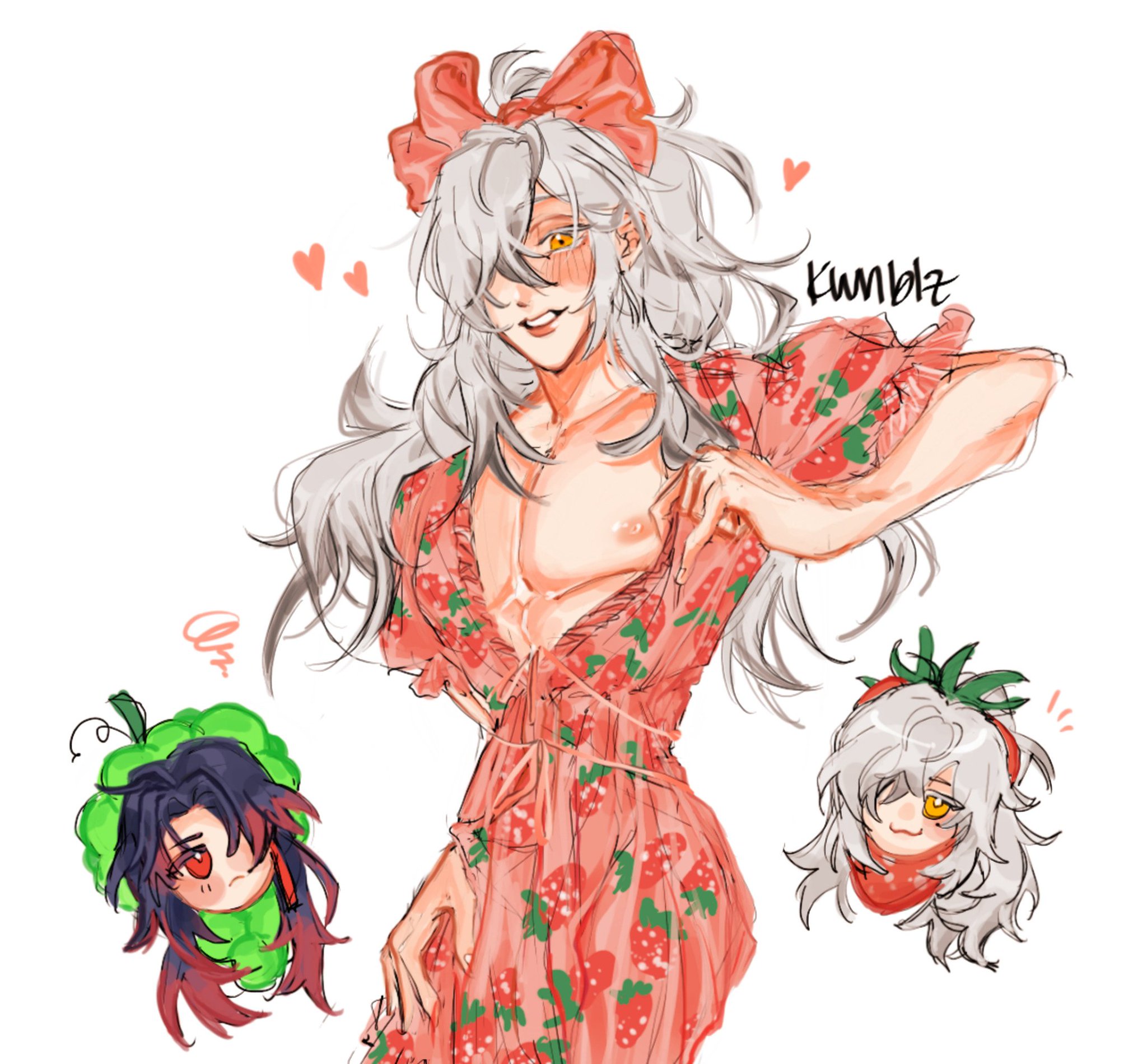 this is a digital illustration of an anime boy with white hair, wearing a pink dress with strawberries all over it, and a big pink bow in his hair. the boy is smiling and blushing, and there are hearts around him. the dress is slightly open in the front, and the boy is holding the edge of it with his left hand. the boy is surrounded by three other figures  a smaller version of himself with a green apple head, and a smaller version of himself with a strawberry head. all three figures appear to be happy.