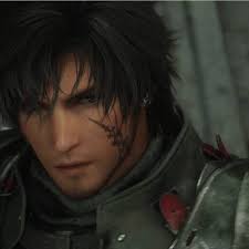 a closeup image of clive rosfield from final fantasy xvi, with dark hair, a serious expression, a scar tattoo on his face, and wearing armor.