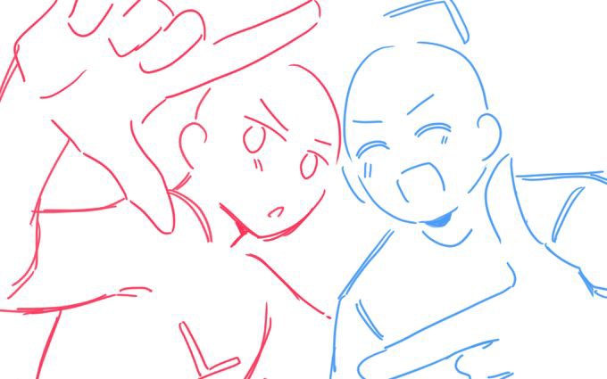the image is a line art drawing of two human figures posing for a selfie. one figure is outlined in red lines and is making a hand gesture towards the camera. the other figure is outlined in blue lines and is smiling with their mouth open. the drawing is a sketch.