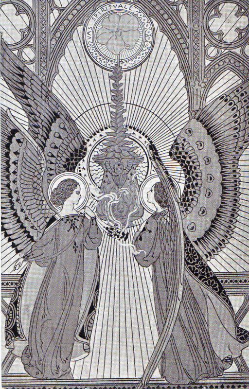 the image is a grayscale illustration featuring two angels with large wings, dressed in robes and adorned with halos. they stand facing each other with hands extended towards a central, ornate structure that appears to be a sculpted figure atop a decorative pedestal. rays of light emanate from behind the central figure. above this, a circular emblem contains a flowerlike design and the words "vas spiritvale" are inscribed around its perimeter. the overall style is vintage and decorative, reminiscent of gothic or religious art. the background includes architectural elements, suggesting a window or archway.