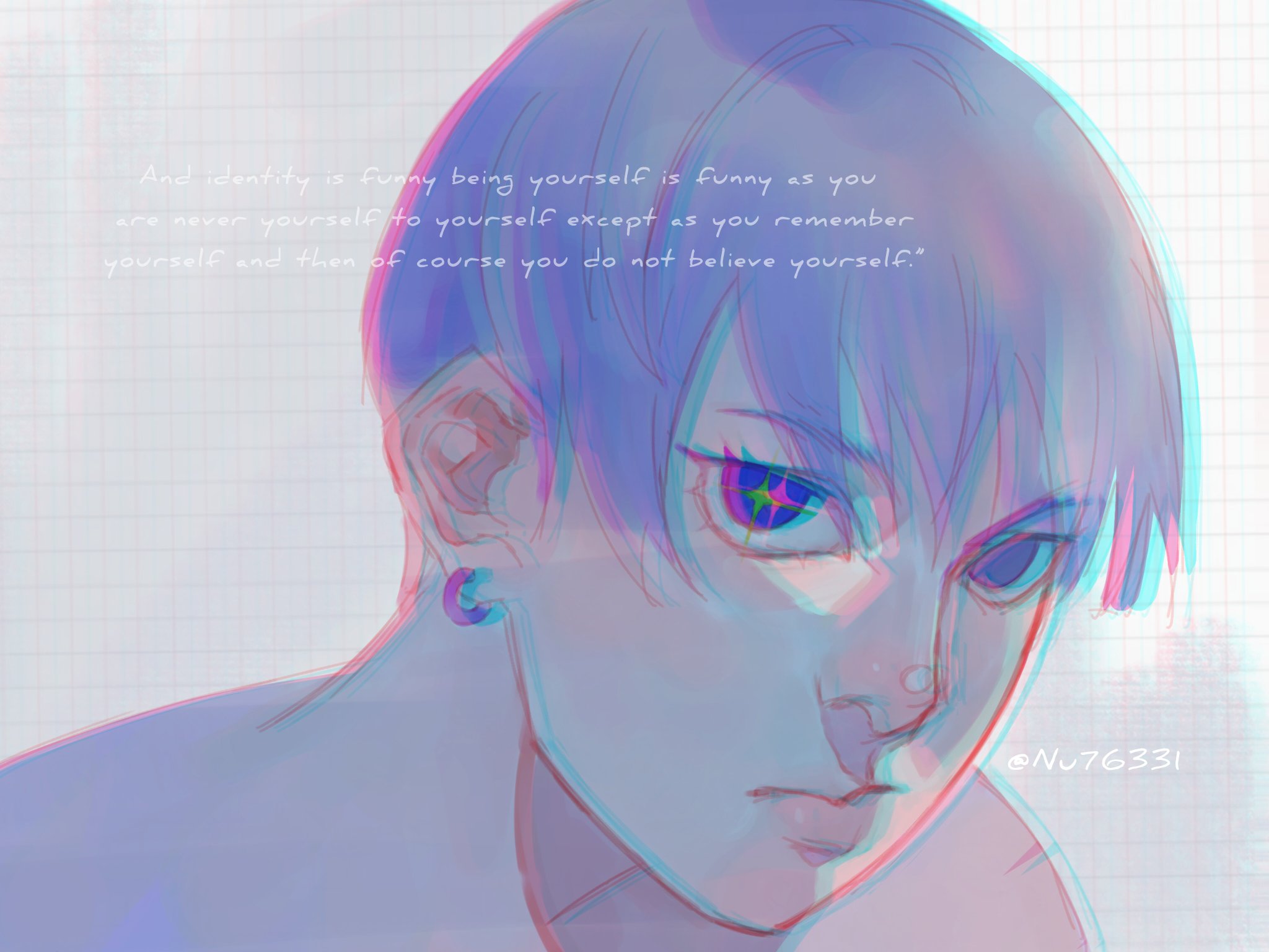 this is a digital illustration of an animestyle male character. the character is drawn in a vibrant, stylized manner, with a focus on his eyes and expression. his eyes are highlighted in a mix of pink, green, and yellow, and his hair is styled in a purple shade. the overall color scheme of the image is dominated by pastel colors, creating a dreamy and ethereal aesthetic. the background is a grid pattern, which contrasts with the character's soft features. the image is accompanied by a text quote that emphasizes the character's contemplative expression.