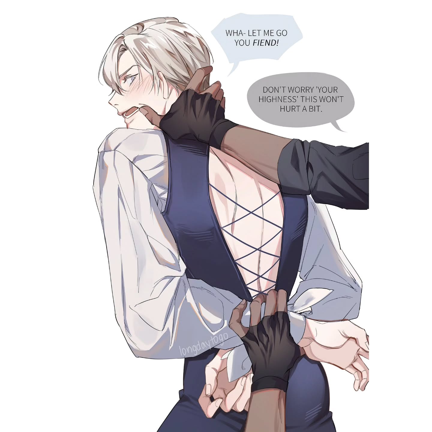 the image is fanart depicting viktor nikiforov from the anime yuri on ice. he is dressed in a dark blue backless outfit with a lightcolored shirt and appears to be being playfully restrained or captured by a darkerskinned man wearing black gloves.  speech bubbles indicate dialogue suggesting playful antagonism or a power dynamic between the two characters.  the style is consistent with common anime and manga artistic conventions, and there is a clear suggestion of romantic or sexual tension.